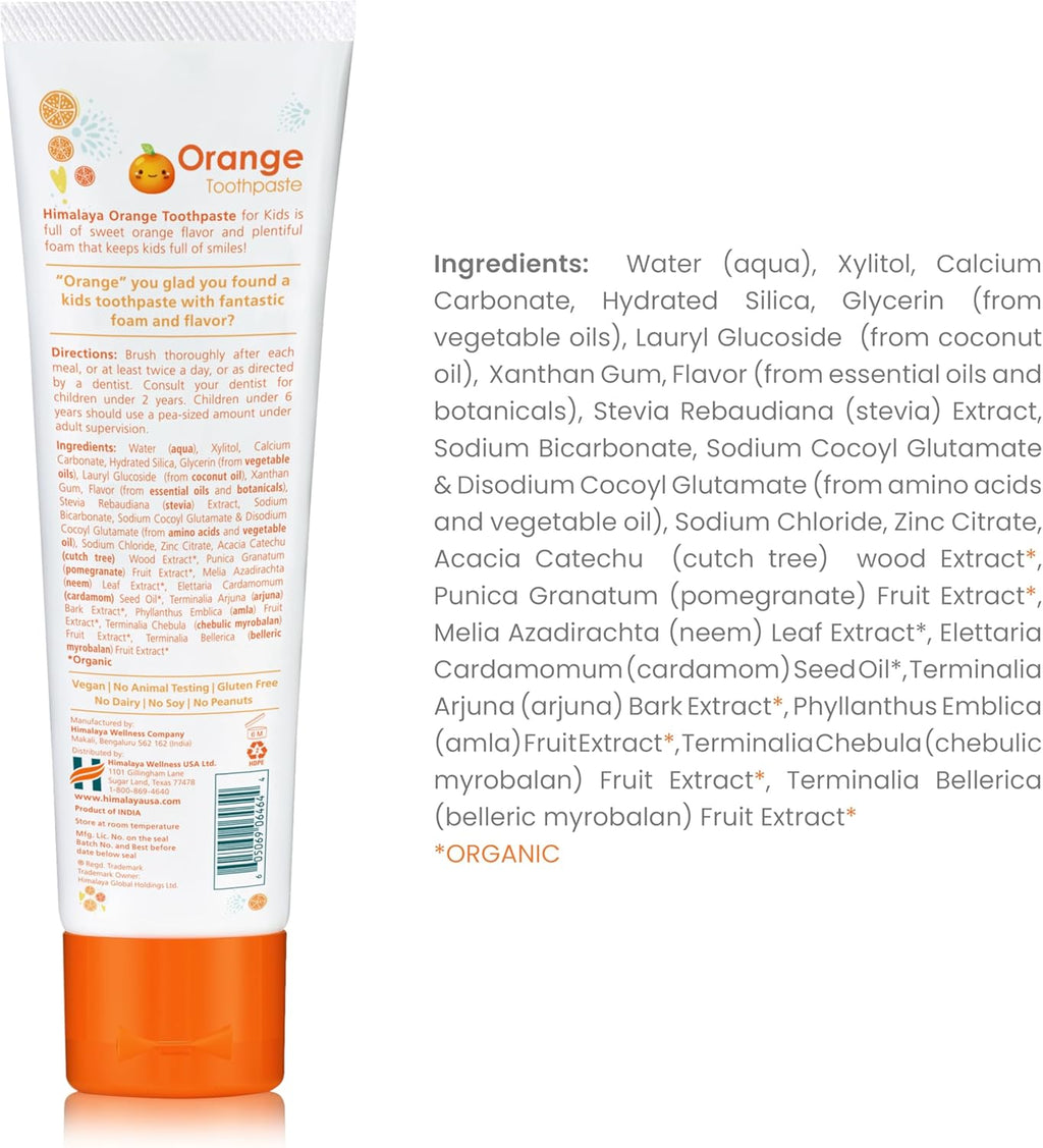 Himalaya Botanique Kids Toothpaste, Herbal, Orange Flavor, Fights Plaque, Fluoride-Free, Gentle, No Artificial Flavors or Colors, SLS Free, Gluten Free, Cruelty Free, Vegan, Foaming, 4 Oz, 1 Pack