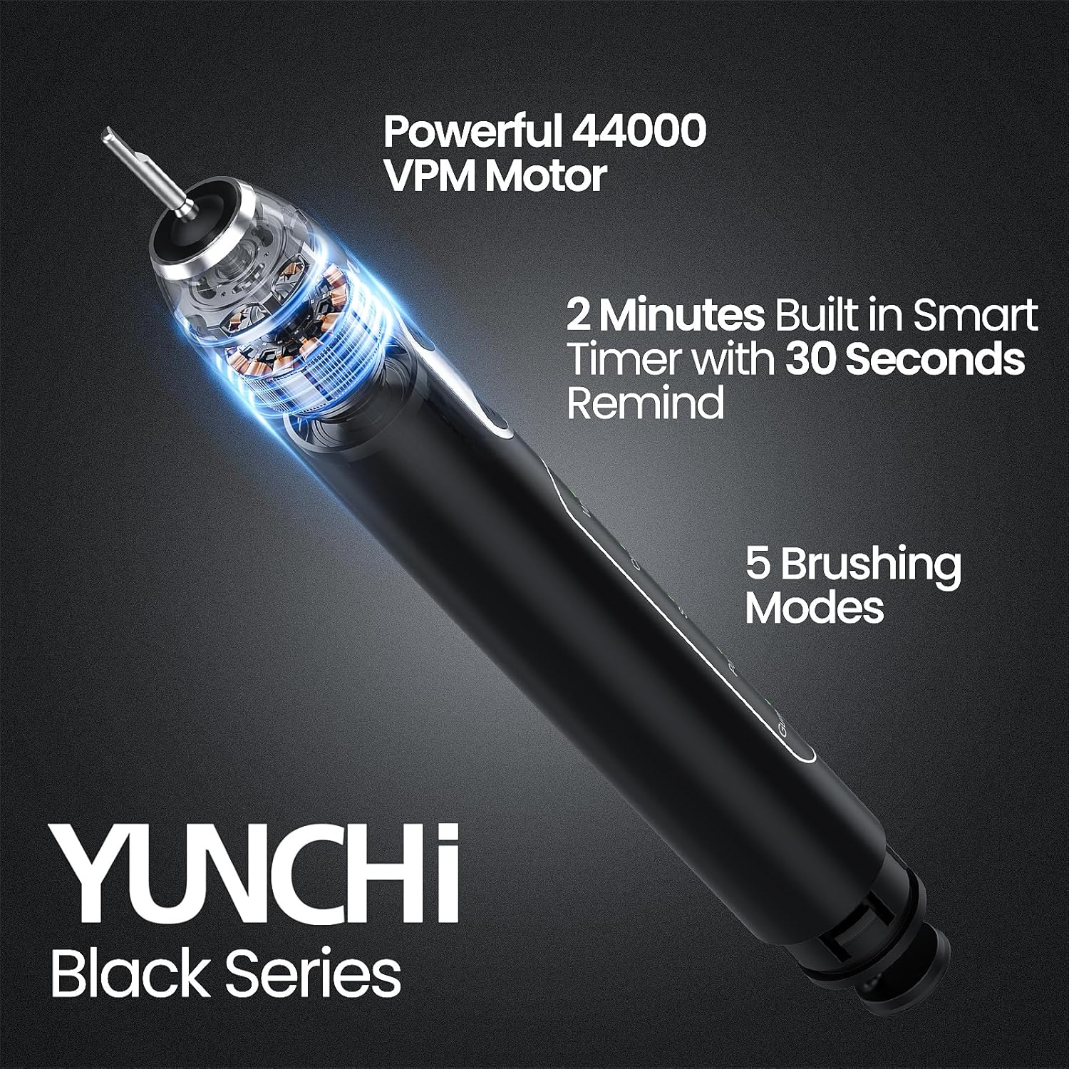 YUNCHI Electric Toothbrush for Adults and Kids, Rechargeable Sonic Electric Tooth Brush with 8 Brush Heads, 90 Days, 5 Models & 2 Minutes Smart Timer, Travel Case, 44000 VPM Motor, Black