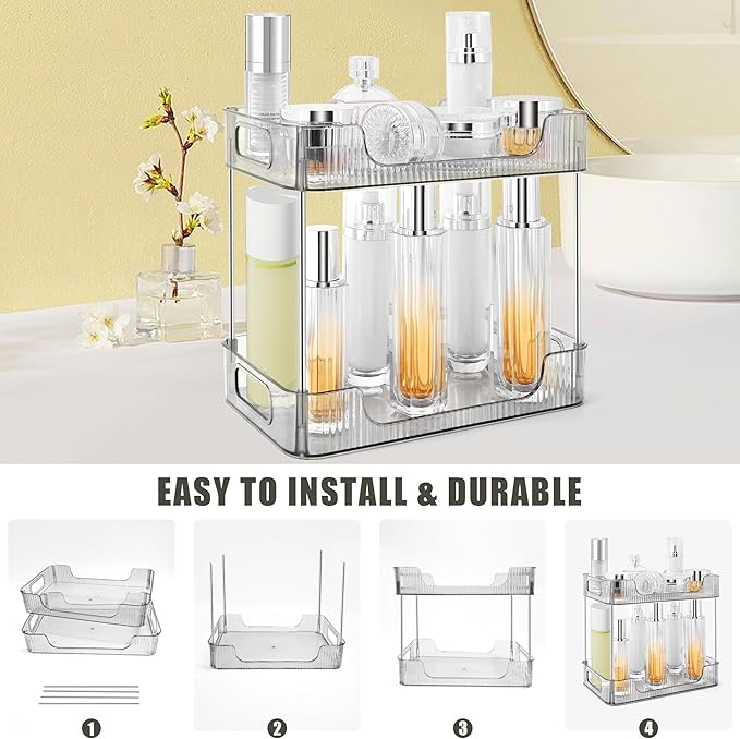 2-Tier Bathroom Counter Organizer Countertop Storage, Dresser Organizer Vanity Tray for Makeup, Perfume Organizer Cosmetics Skincare Shelf - Grey