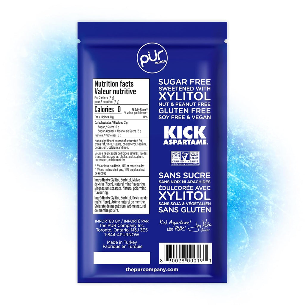PUR Mints | Aspartame Free Breath Mints | Made with Xylitol | Sugar Free, Vegan, Gluten Free | Natural Polar Mint Flavor | 65 Pieces in Re-Sealable pouch (Pack of 1)