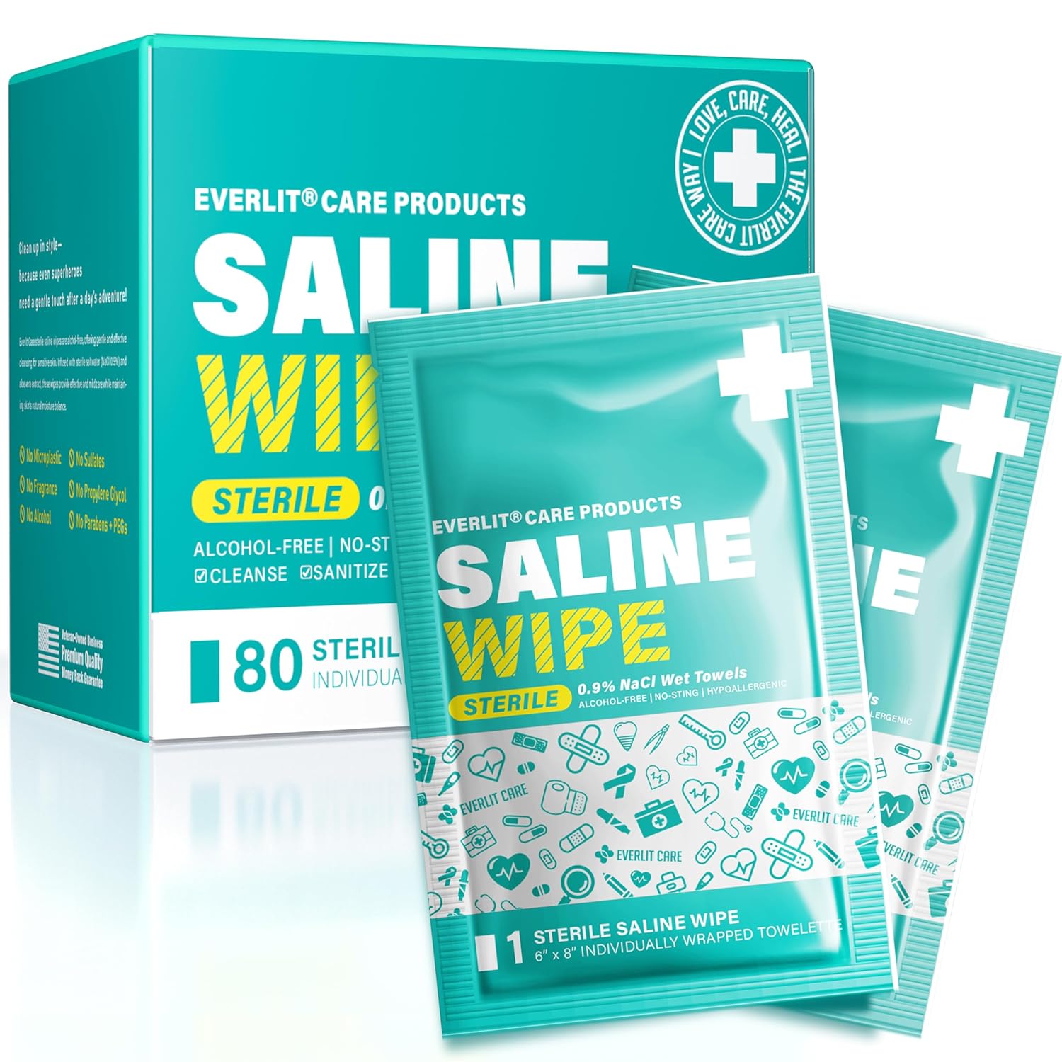 Saline Wipes | 80 Pcs Sterile Wet Towelettes Formulated for Sensitive Skin | Nose, Piercing Aftercare, Baby & Kids | No-sting Alcohol-Free Wipes with Aloe Vera | 6" x 8" Extra Large Sheet