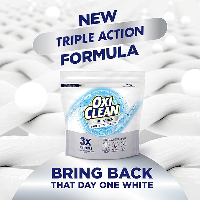 OxiClean Triple Action White Revive Laundry Whitener and Stain Remover Powder, Use with Detergent, Whitens and Brightens Clothes, Removes Tough Stains, Color Safe, Chlorine Free, 6.5 lbs