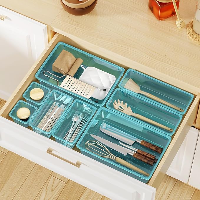 WOWBOX 16 PCS Plastic Drawer Organizer Set, 4 Sizes Desk Drawer Organization and Storage Containers for Makeup, Cosmetics, Jewelry and Gadgets in Kitchen, Bathroom, Bedroom, Office, Clear Sea Blue