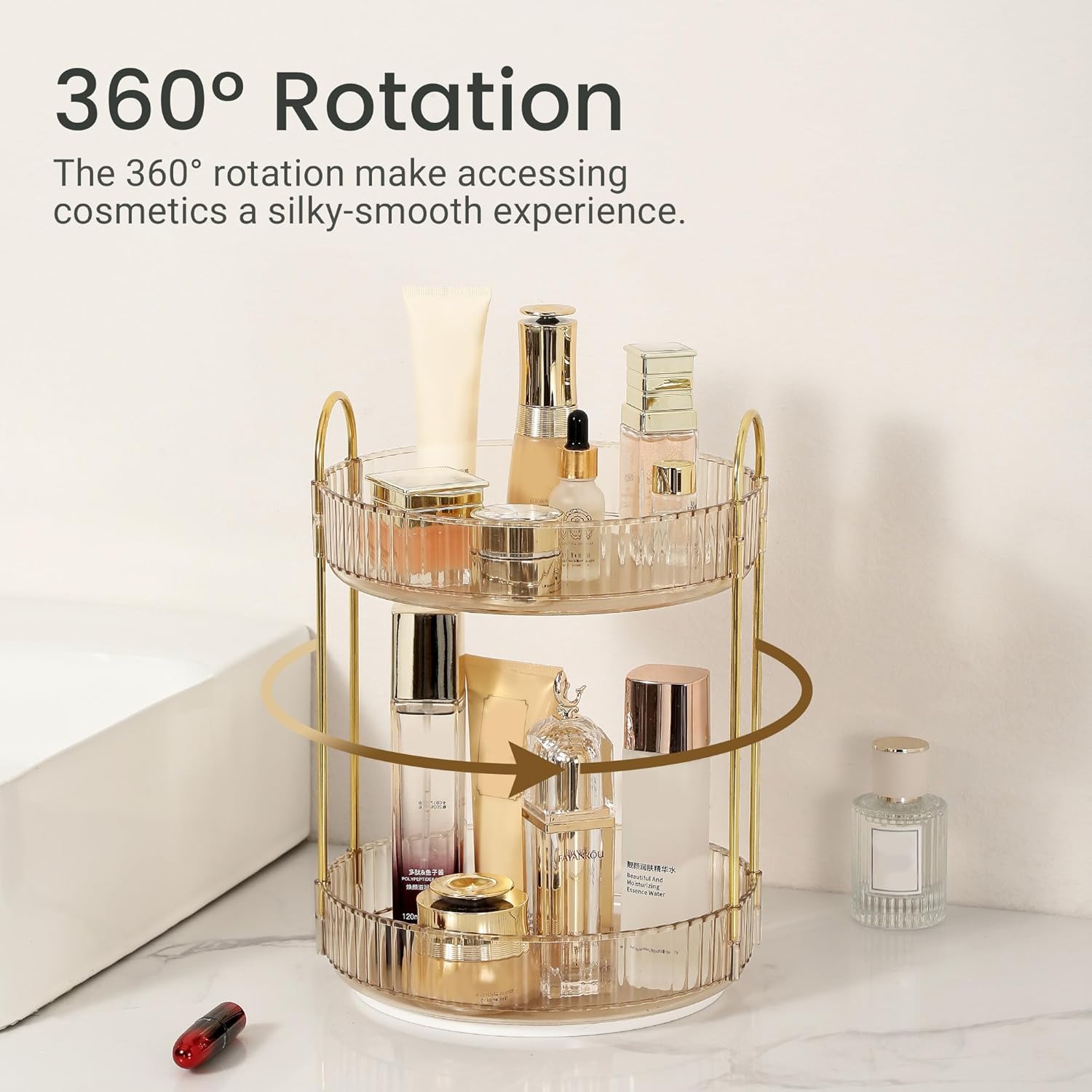 Rotating Makeup Organizer for Vanity 2 Tier,(Gold)