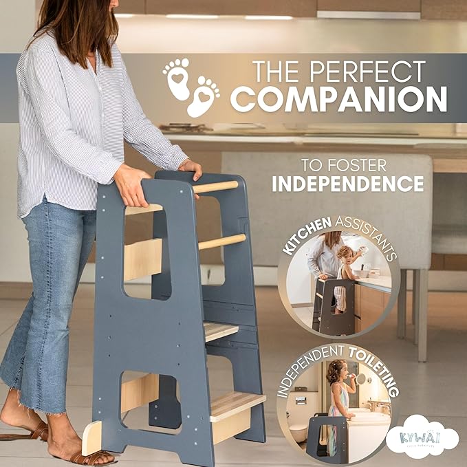 KYWAI® Toddler Kitchen Stool Helper, Adjustable Standing Tower with Safety Rails, Anti-Tip Design & Non-Slip Stickers, Sustainable Product with Extra Memory Game Made from Leftover Wood (Grey Blue)