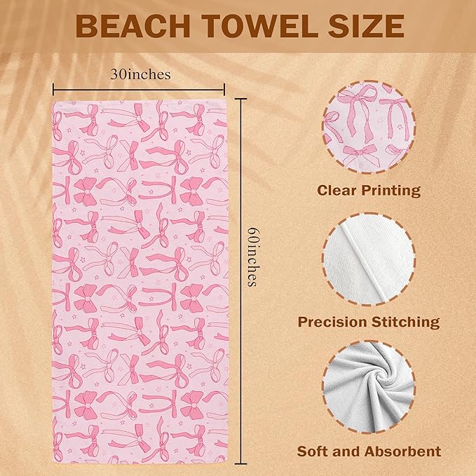 Pink Preppy Bow Beach Towel, Pink Girly Pool Towels, Preppy Coquette Bow Large Beach Bath Travel Towels for Teen Girls Women Swimming, Coquette Girly Bows Bathroom Accessories Decor, 30x60in