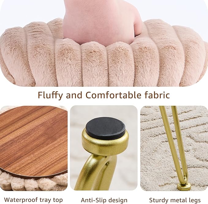 Wimarsbon Vanity Stool with Storage, Faux Fur Ottoman Chair with Metal Legs, Round Makeup Vanity Chair for Bedroom or Dressing Table, Modern Small Ottoman Seat (Beige)