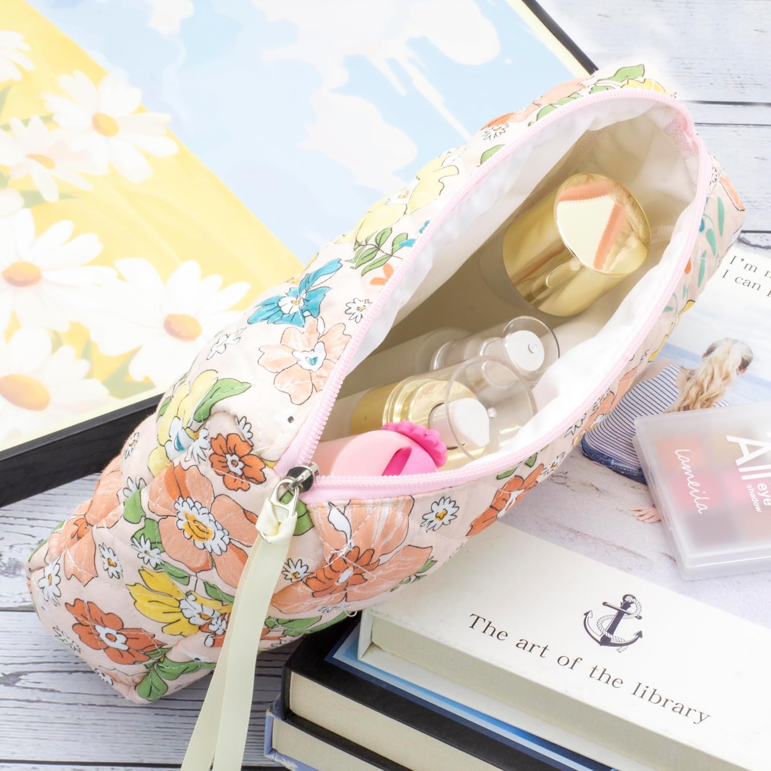 PAZIMIIK 3PCS Makeup Bag SET Large Travel Quilted Zipper Soft Cosmetic Case Pouch for Women Girls Make Up,Floral Orange