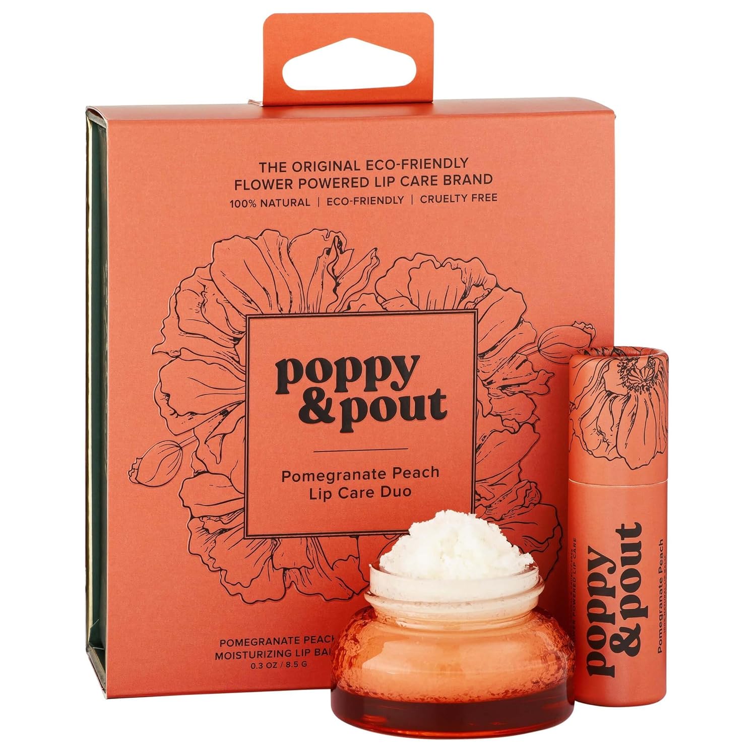 Poppy & Pout Lip Care Set | Lip Balm & Scrub | Sustainable Cardboard Tubes & Glass Jars, All Natural, Beeswax, Coconut Oil, Cruelty Free, Exfoliating & Moisturizing Lip Treatment (Pomegranate Peach)