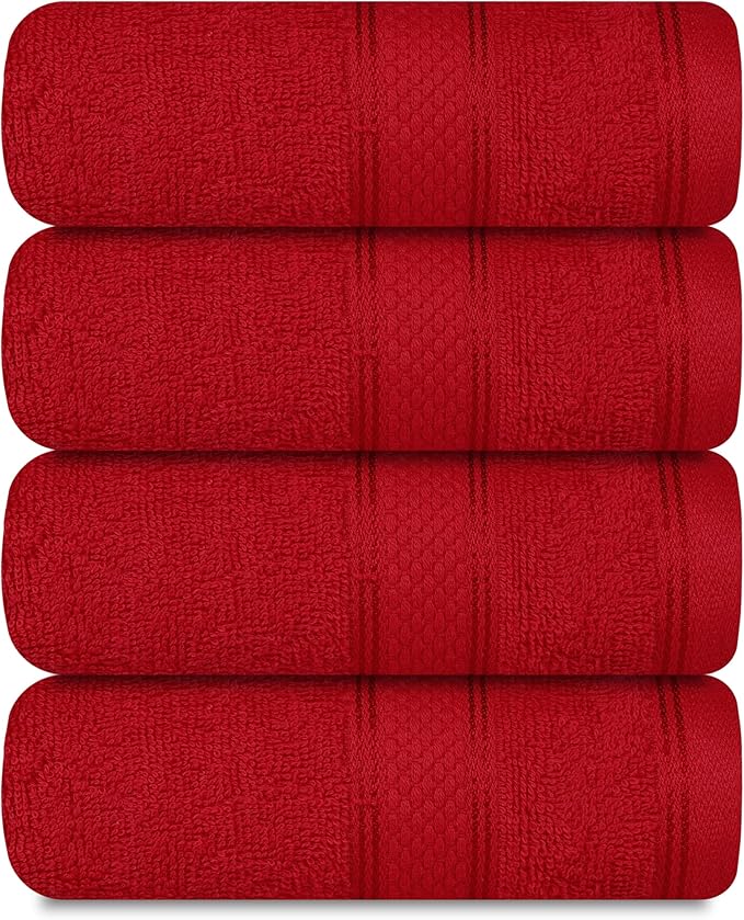 Casa Lino 100% Cotton Hand Towels for Bathroom - Soft, Highly Absorbent & Quick Dry Kitchen Towels - Gym Towel Set - Travel Towel Set - 24" x 16" - Pack of 4 - (Red)