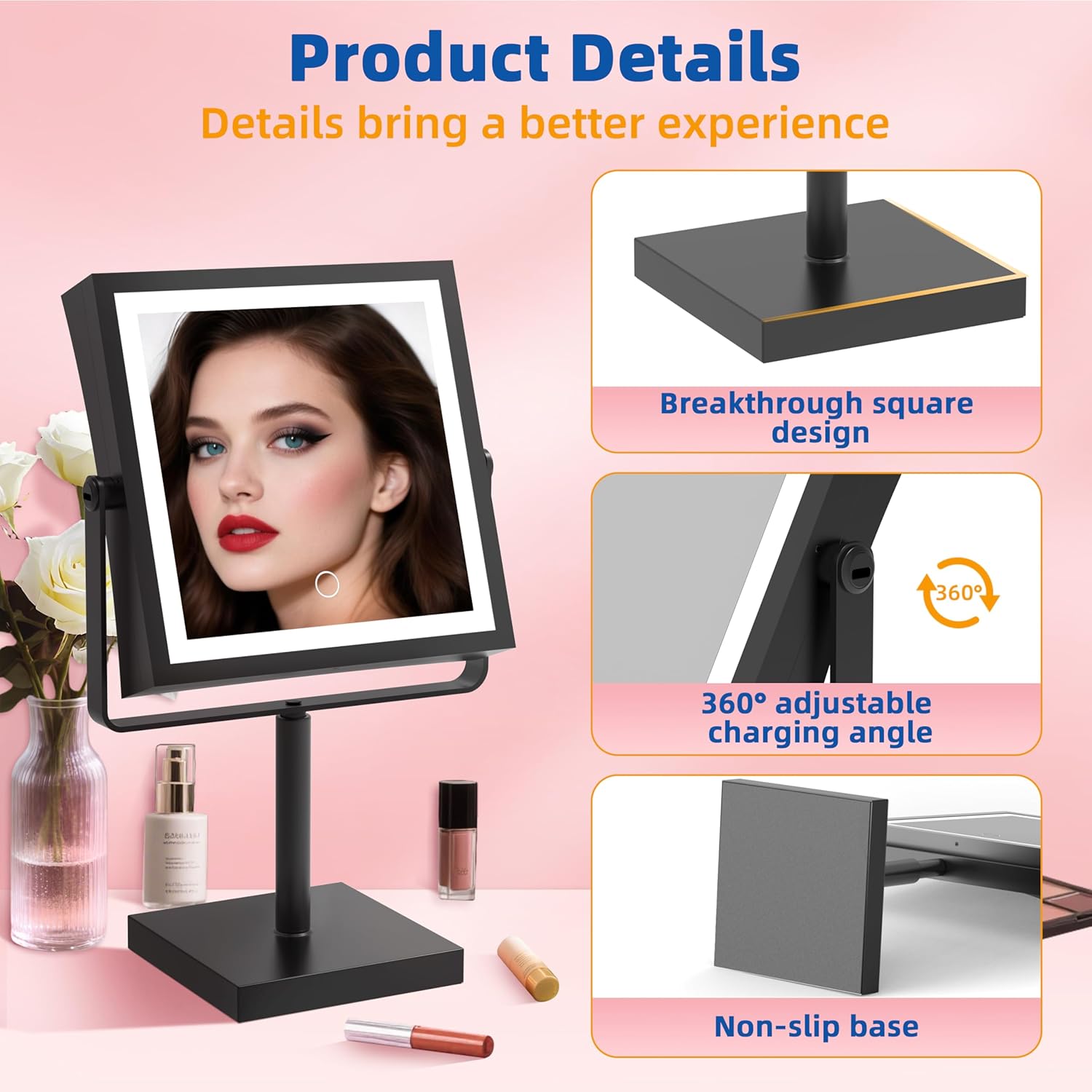 Ruacq Vanity Mirror with Lights, Height & Brightness Adjustable, Rechargeable 4000mAh Lighted Makeup Mirror with Magnification 1X/10X, 3 Color Lights & 360° Rotation (Matte Black-Table)