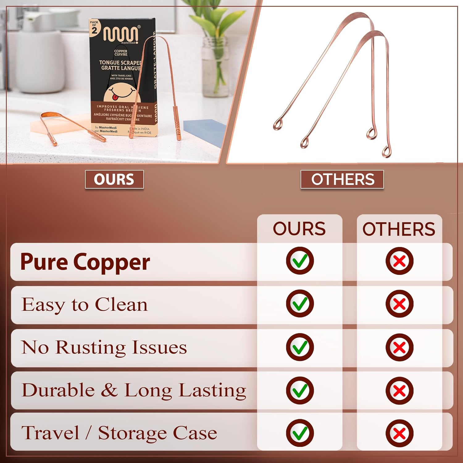 MasterMedi Tongue Scraper with Case Easy to Use Tongue Scraper for Adults, Tongue Cleaner for Oral Care & Hygiene Copper Set of 2 (with Travel Case)