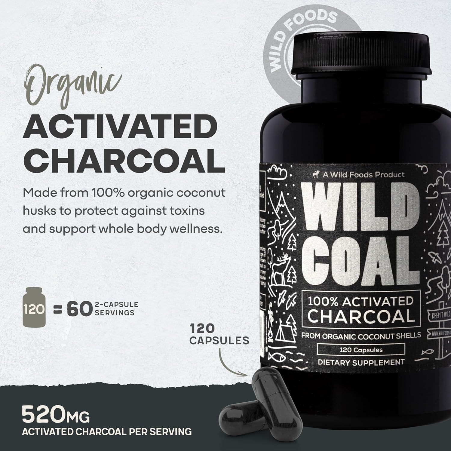 Wild Foods Activated Charcoal Capsules | 100% Organic Coconut Shells Active Tablets for Bloating Relief | Lab Tested & Non-GMO Detox Pills | USA (Two Bottles - 120 Capsules)