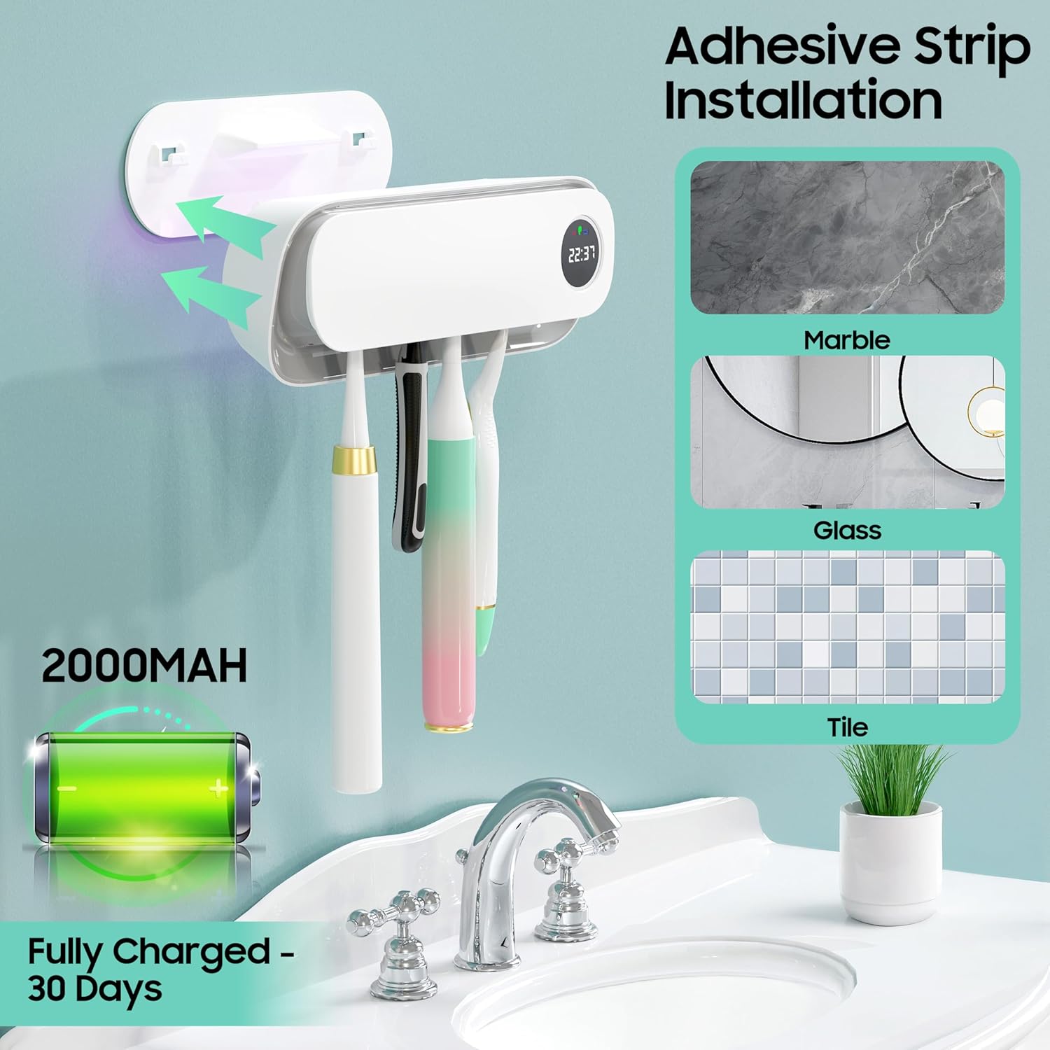 BlueBark UV Toothbrush Holders for Bathrooms, Air DryingHolder Smart Home Bathroom Accessories, Timer Function & 5 Toothbrush Slots, Toothbrush Holder Wall Mounted with Replaceable Slot