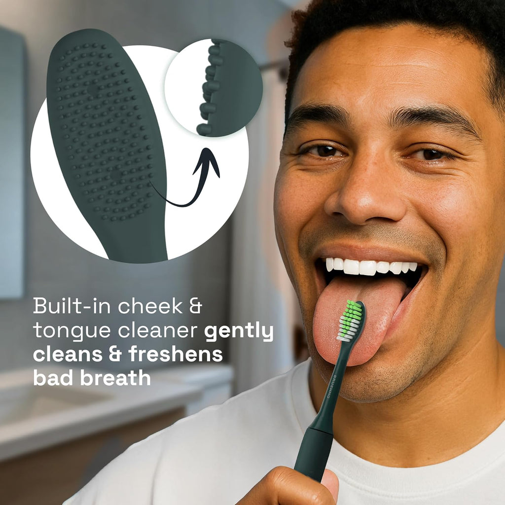 Brushmo Replacement Toothbrush Heads, Compatible with Philips One for Sonicare Electric Toothbrush Handles HY1022, 4 Standard Heads with Tongue Cleaner, Soft Dupont Bristles, BM124m, Sage Green