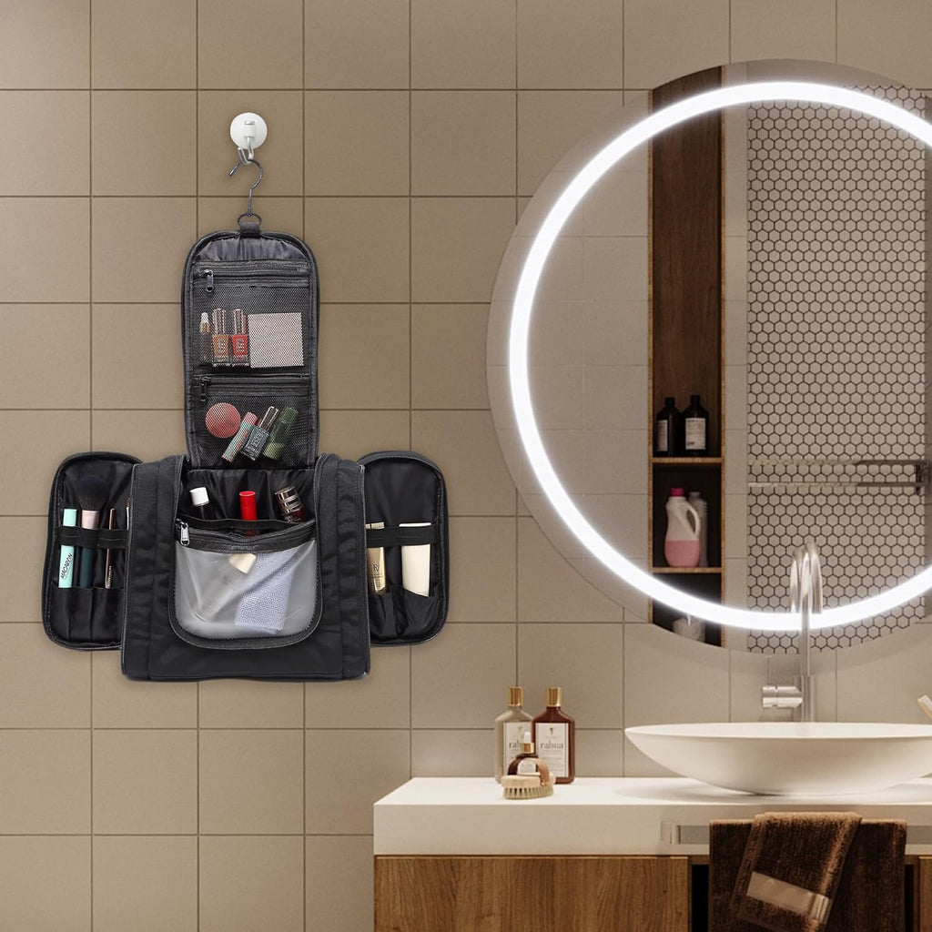 Pearl Angeli Hanging Toiletry Bag for Women, Large Makeup Cosmetic Bag, Water Resistant Toiletries Travel Essentials Organizer, Full-size Container, Black