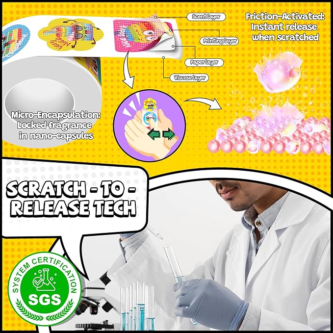 HORIECHALY Smelly Roll Stickers for Kids 4 Rolls, 1200 PCS 4 Scent Scratch and Sniff Stickers Food Theme, Positive Reward for Classroom, Portable Drawer Box for Travel, Car, Airplane