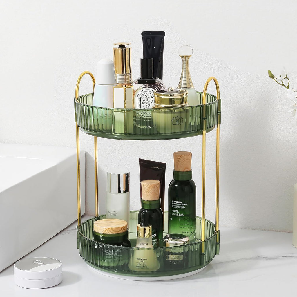 Rotating Makeup Organizer for Vanity, Perfume Skincare Lipstick Organizers for Bathroom Countertop, Clear Make up Storage for Dresser, Bathroom Cosmetics Organizer Storage 360 Spinning(2 Tier, Green)