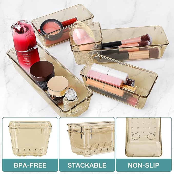 13 PCS Drawer Organizer Set, 5 Varied Size Bathroom and kitchen Drawer cabinet organizer Trays, Clear Storage Bins for Makeup, Jewelry, Utensils and Gadgets, Champagne