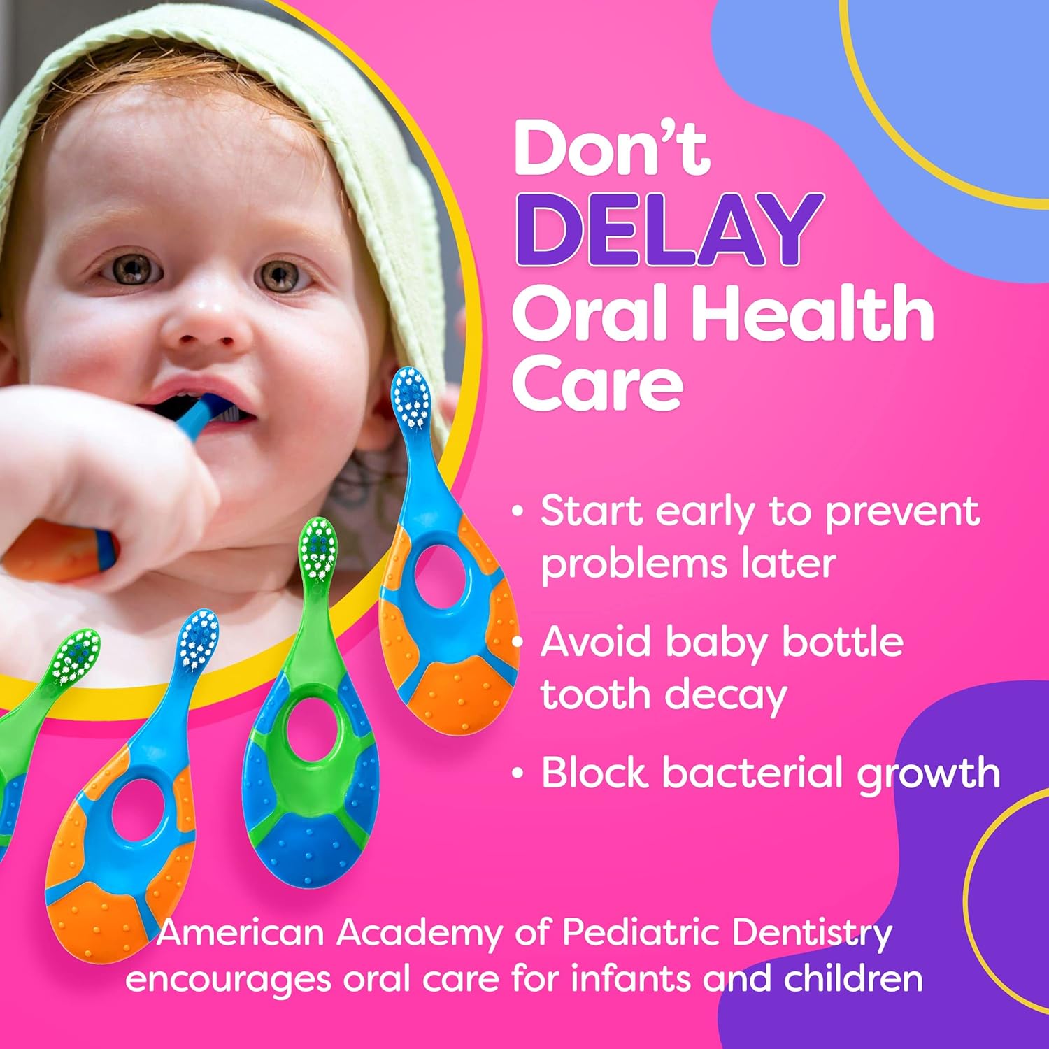 Baby Toothbrush 12 months and up - Toddler Toothbrush - Soft Bristles - Child Sized Brush Heads - infant toothbrush - Kids Tooth Brush - Easy Storage - BPA Free - Boy Set (4-Pack, Green, Orange, Blue)