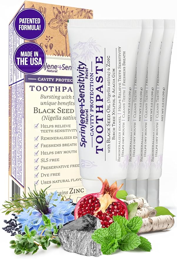 SprinJene Natural Sensitivity Relief, Fluoride Toothpaste for Sensitive Teeth & Gum (4 Pack) + Fluoride Free Mouthwash with Natural Ingredients + Electric Toothbrush with Wireless Charger