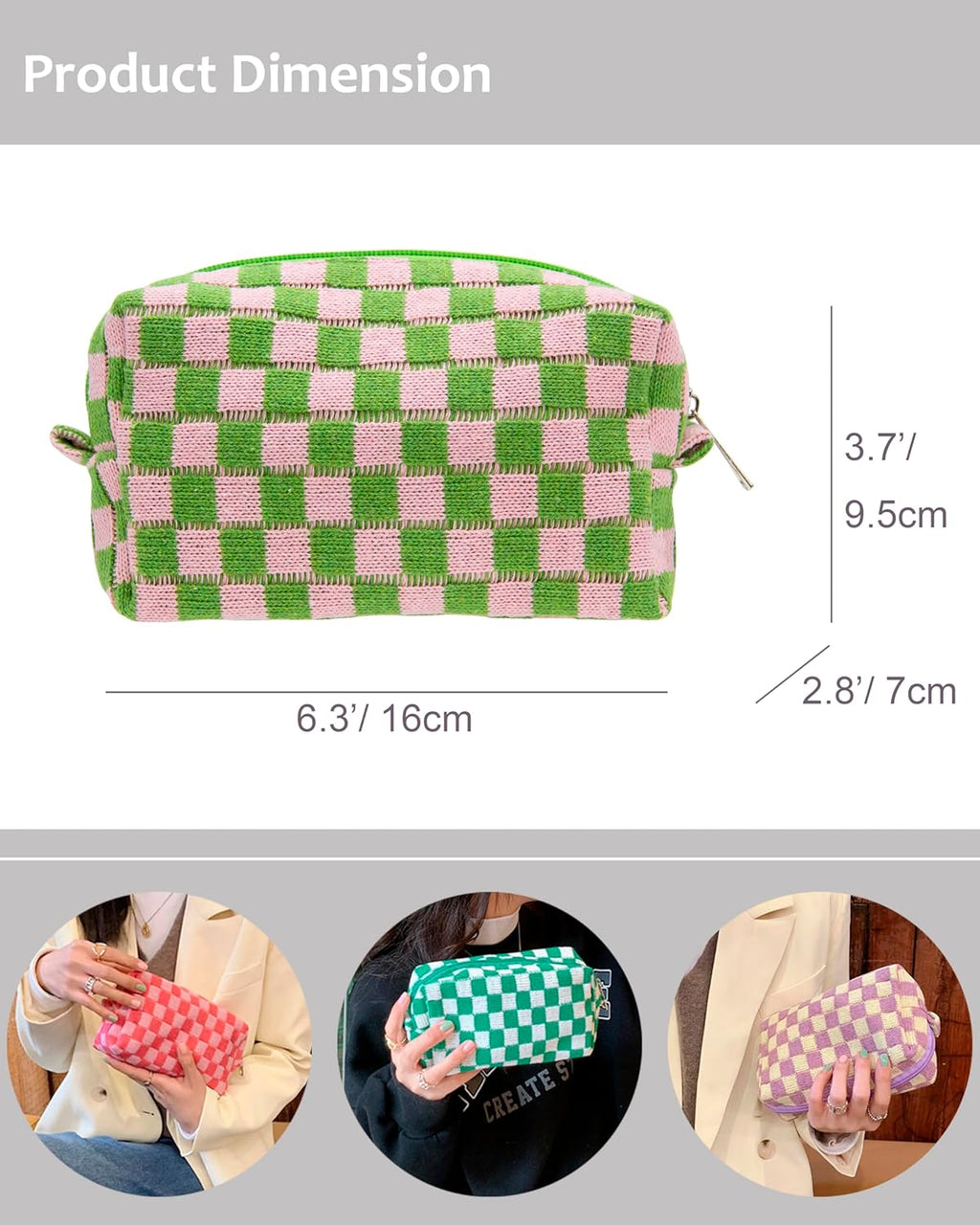 PAZIMIIK 6PCS Checkered Makeup Bag for Purse Portable Zipper Make Up Pouch Small Cosmetic Case for Travel Accessories Pink Green