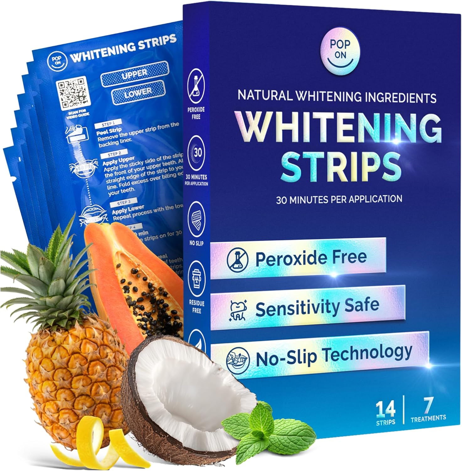 Whitening Strips for Sensitive Teeth – Enamel Safe, Peroxide-Free Coconut Teeth Whitening Strips with Natural Enzymes – Gentle White Stips for Sensitive Gums (14 Count, Mint)