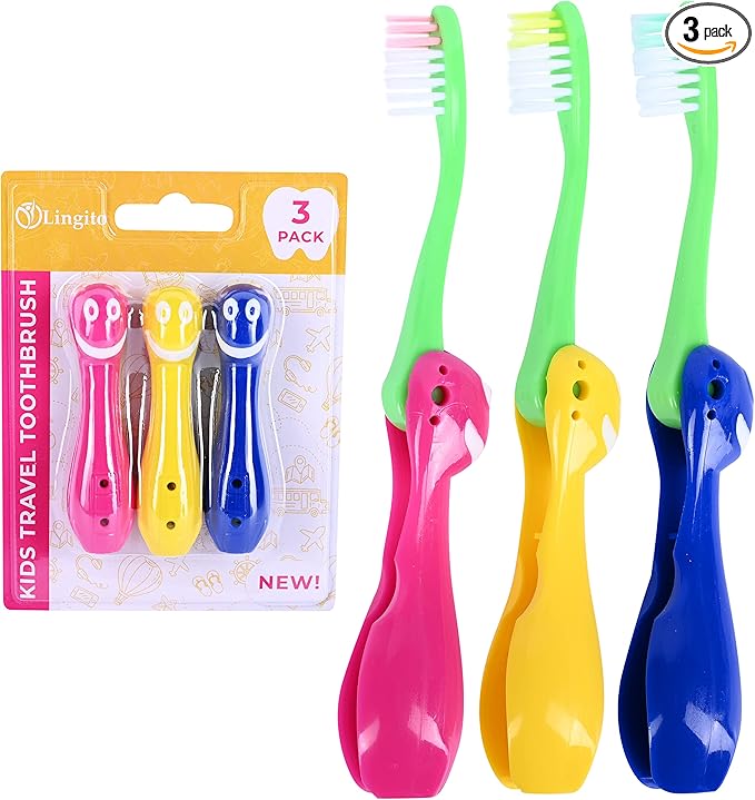 Kids' Soft Toddler Toothbrush, Gentle Bristles for Home, School, Camp, Sleepovers - Folding Handles for Tiny Hands (3 Pack)