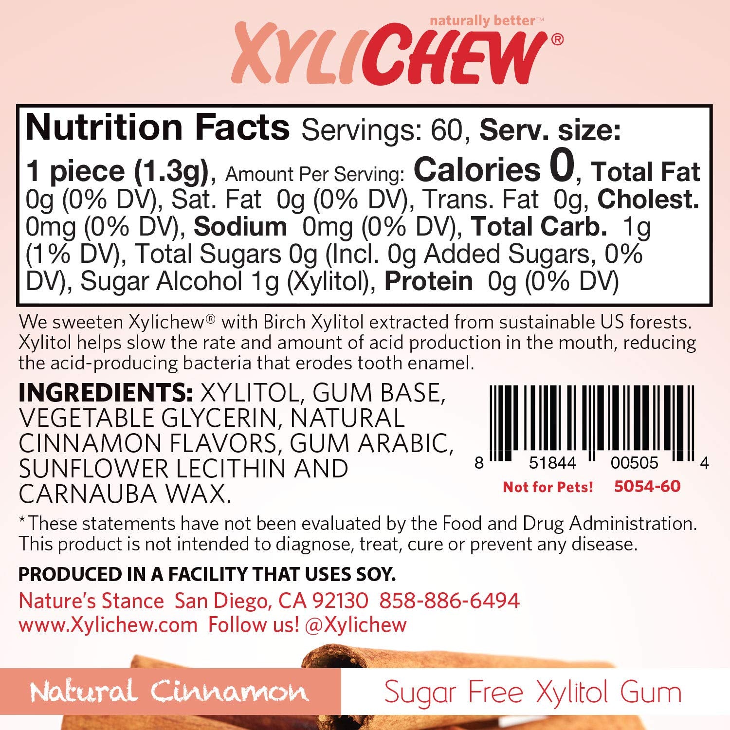 Xylichew 100% Xylitol Chewing Gum - Non GMO, Non Aspartame, Gluten Free, and Sugar Free Gum - Natural Oral Care, Relieves Bad Breath and Dry Mouth - Cinnamon, 60 Count
