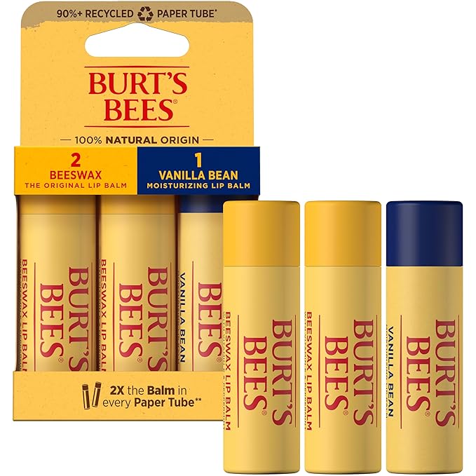 Burt's Bees Moisturizing Lip Balm, 2 Original Beeswax and 1 Vanilla Bean, 100% Natural Origin, 0.34 Ounce Each, 3 Paper Tubes, Pack May Vary