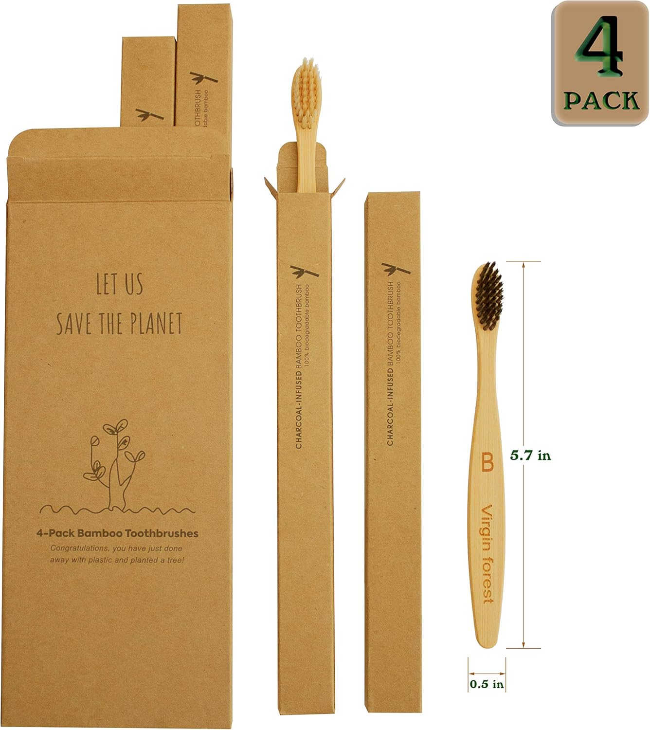 Virgin Forest Kids Bamboo Toothbrushes, Biodegradable Handle, BPA-Free Soft Bristles, Children Size Set of 4 (4 Colors)