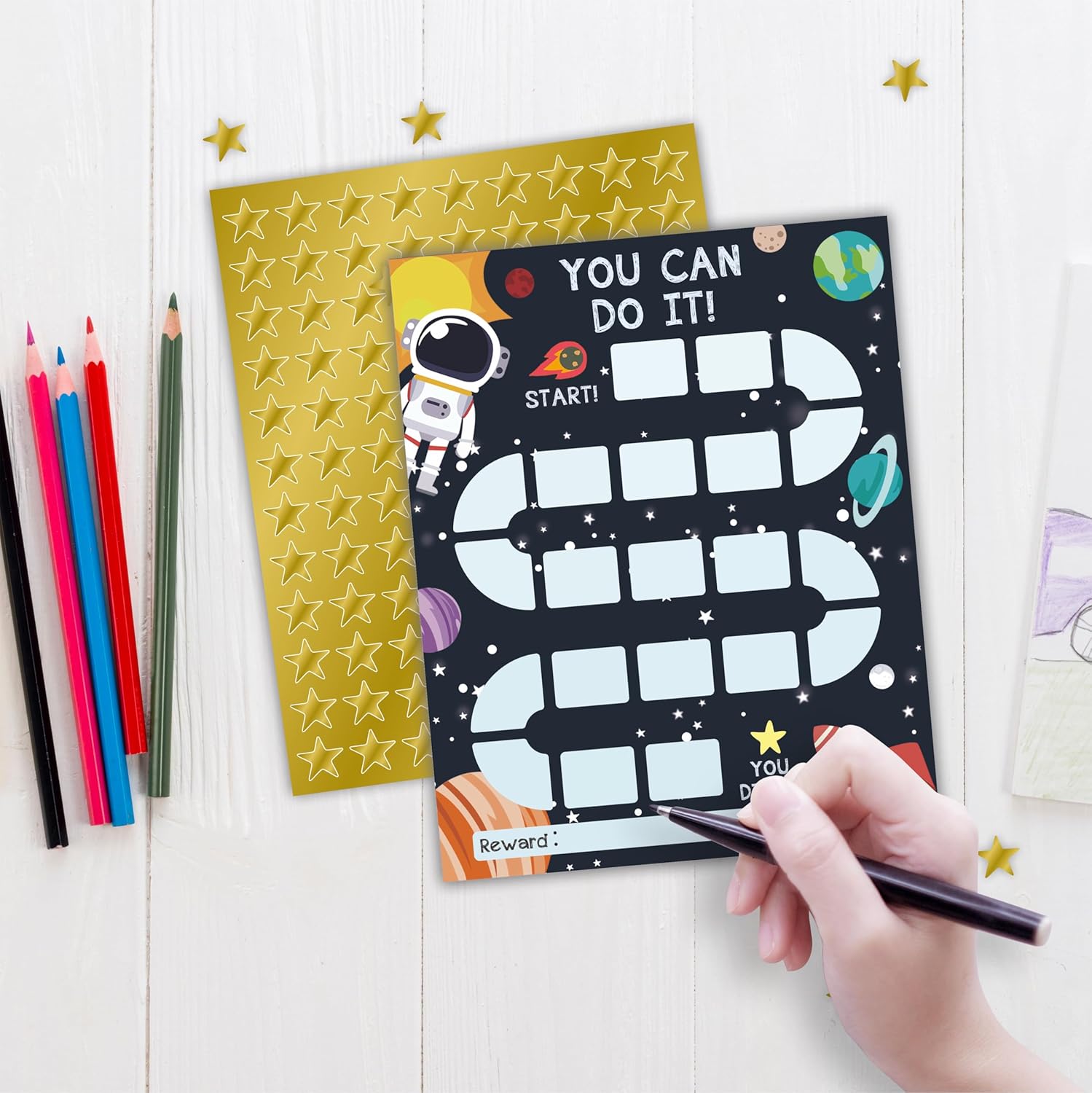 10 Reward Chart with 206 Golden Star Stickers-Outer Space Theme- Chore Chart, Incentive Chart,Positive Behavior Reward Chart for Kids,Toddler Homework Assignments, Attendance(8"X10")-A01