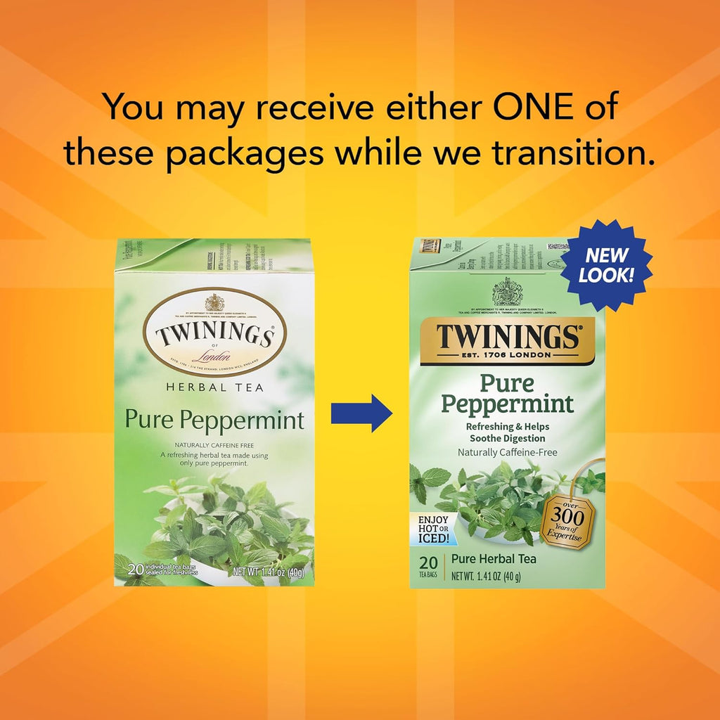 Twinings Pure Peppermint Herbal Tea Individually Wrapped Bags, 20 Count (Pack of 1), Fresh Minty Flavour, Naturally Caffeine-Free, Enjoy Hot or Iced, 20 Teabags
