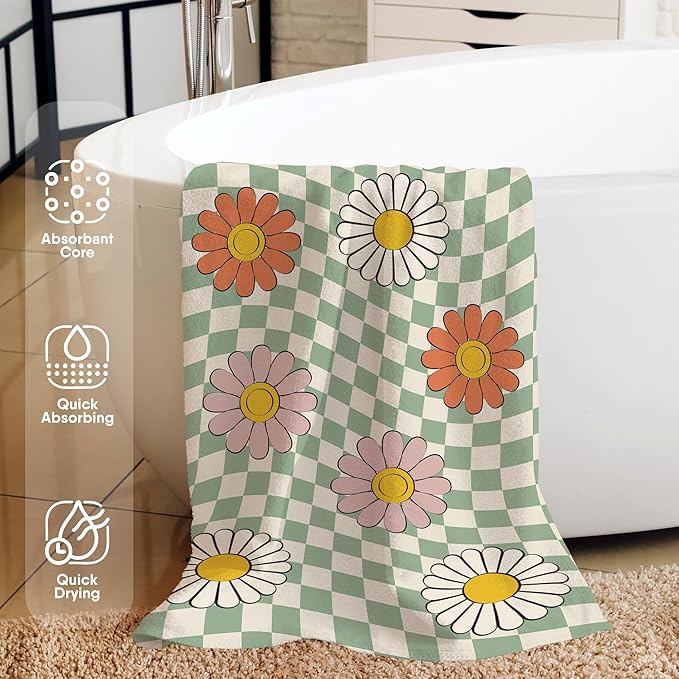 Sage Green Checkered Daisy Floral Beach Towel, Checkered Daisy Pool Towels, Groovy Flower Preppy Large Beach Bath Travel Towels for Swimming Camping, Sage Green Groovy Bathroom Decor, 30x60in