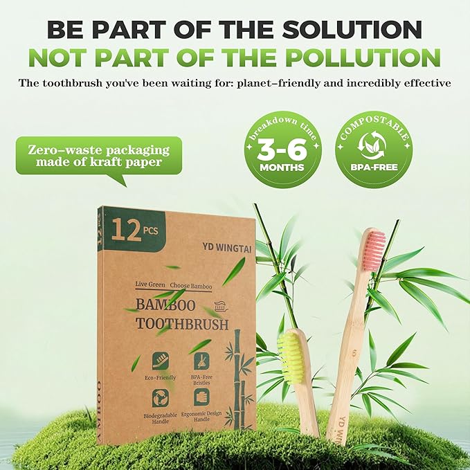 Travel Toothbrush Bamboo Colorful 12pack Wooden Natural Toothbrush Organic Plastic Free for Adults