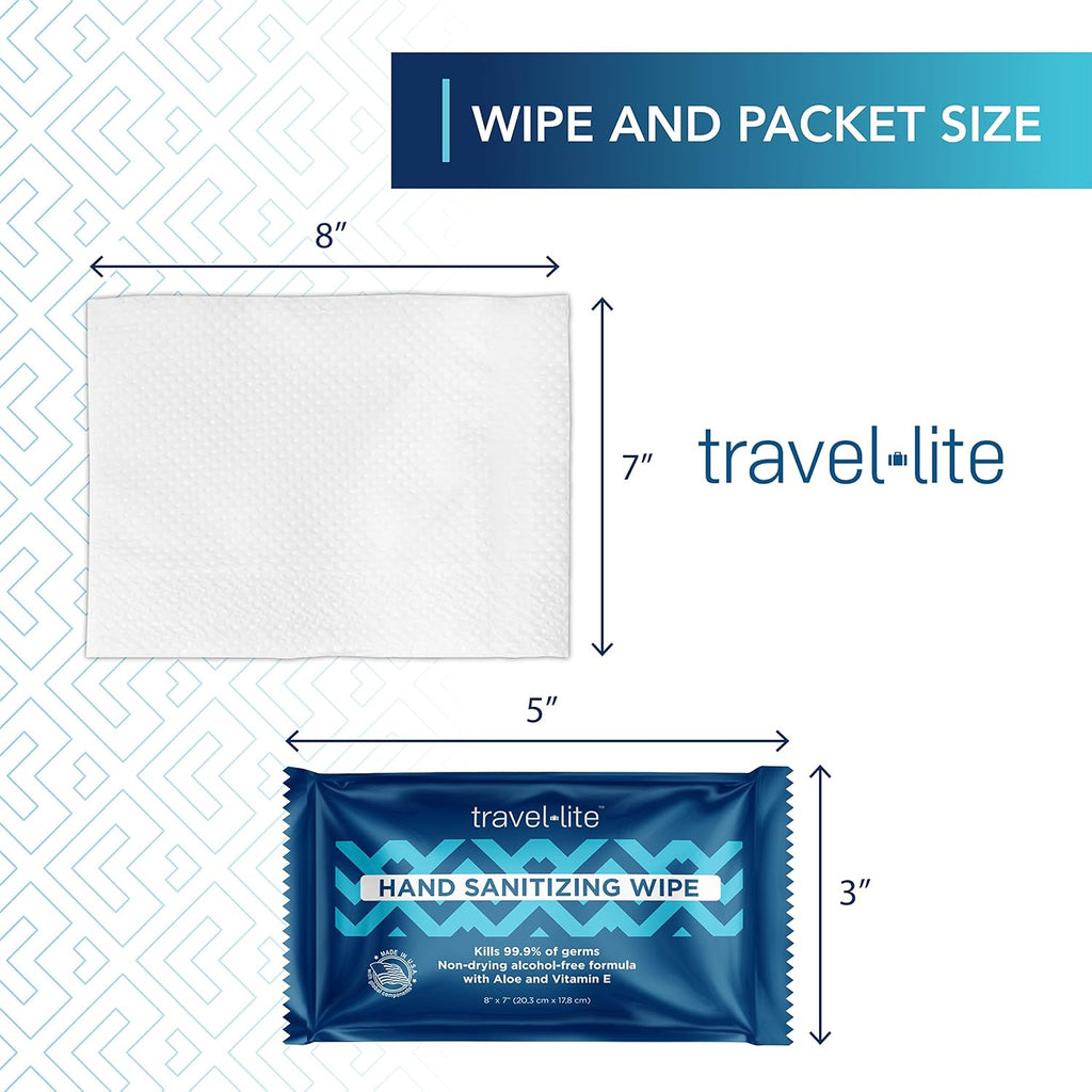 Travel Lite Alcohol-Free Hand Wipes with Aloe Vera and Vitamin E, Fresh Scent 50ct Individually Wrapped Travel Essentials Wipes for Adults and Kids