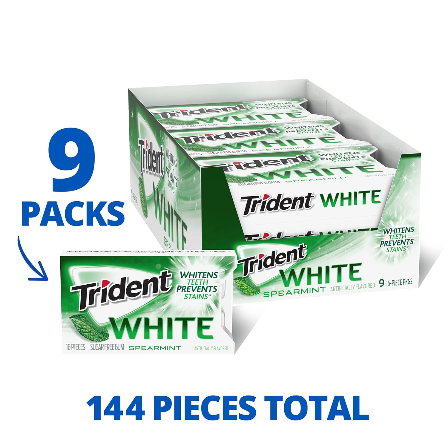 Trident White Spearmint Sugar-Free Chewing Gum, 9 Pack of 16 Pieces (144 Total Pieces)