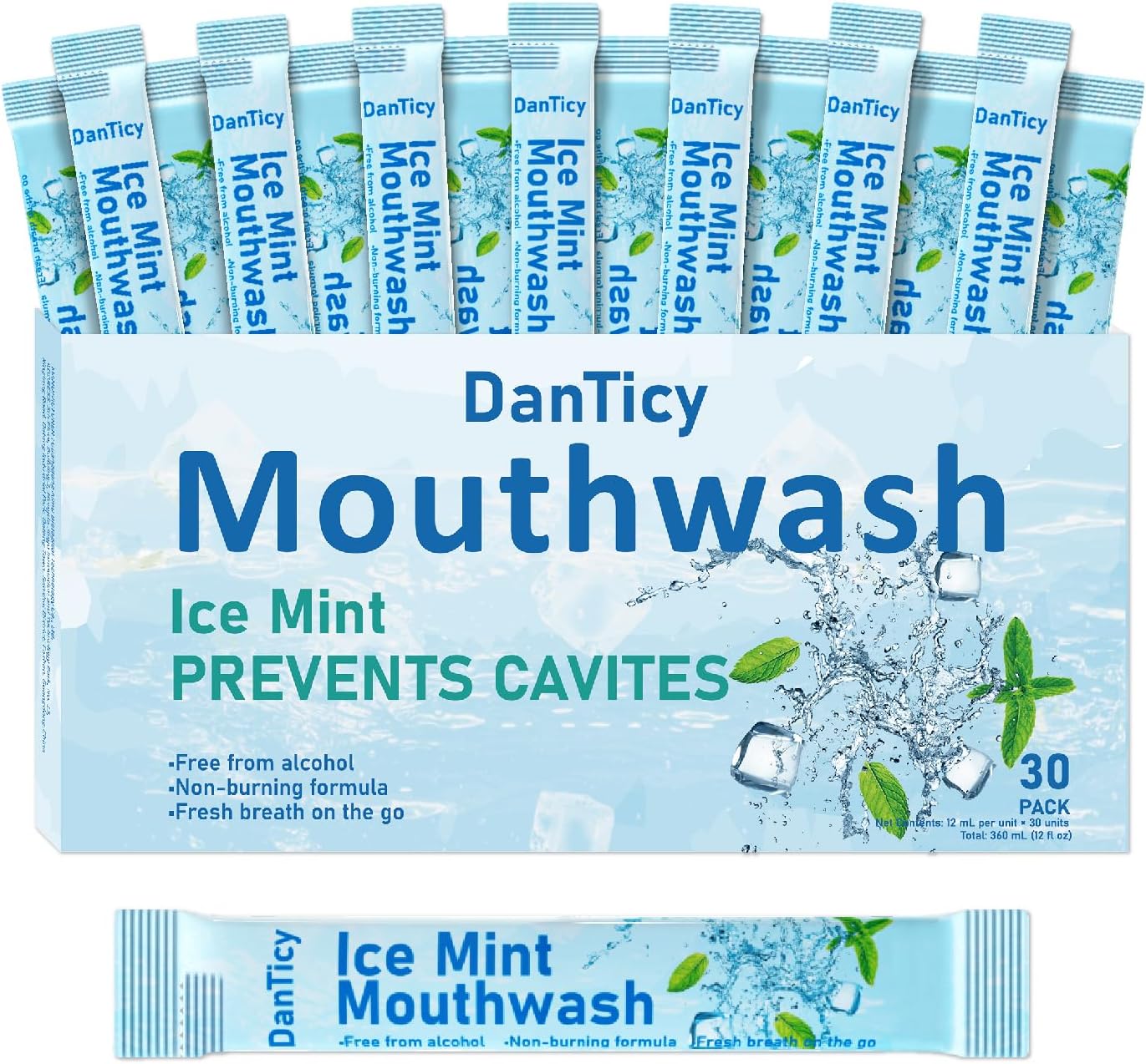 Mouthwash Travel Size, Alcohol-Free Mouthwash, Portable, Fresh Breath, Mini Packets, 30 Count, Ice Mint