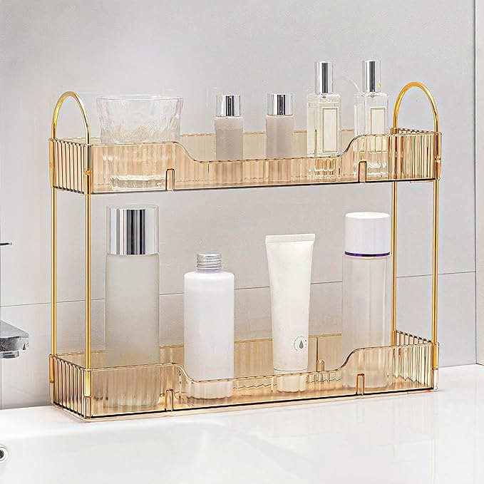 YCIA&DONE 2 Tiers Narrow Vanity Makeup Organizer, Bathroom Organizers Countertop Slim, Perfume Holder Skincare Storage Cosmetic Shelf Spice Rack, for Small Desktop Counter Space, Amber Gold