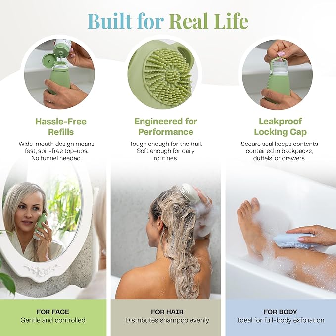 Sumina Silicone Travel Bottles 3-Pack (3.4 oz) with TSA Bag | TSA-Approved Leakproof Toiletry Containers | Refillable Shampoo Bottles with Gentle Exfoliation | Soft, Squeezable Silicone