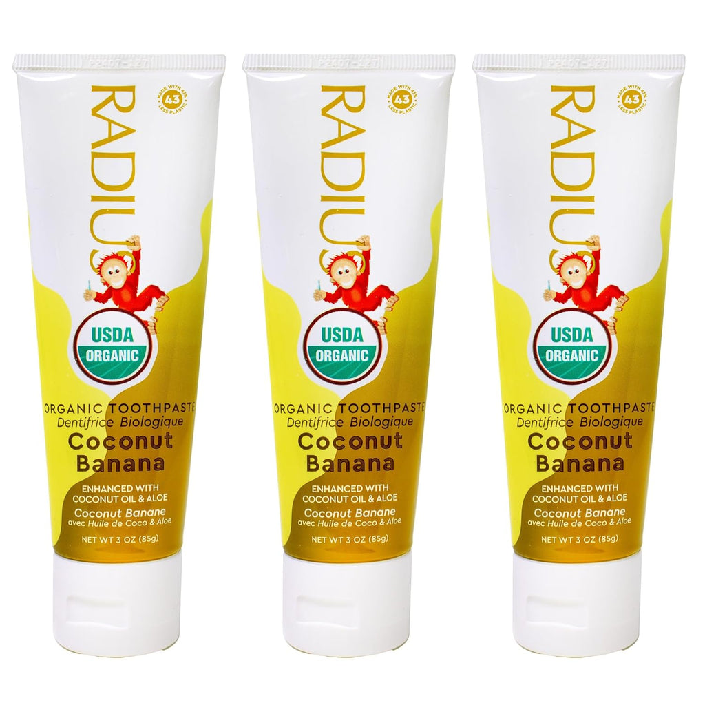 RADIUS USDA Organic Kids Toothpaste 3oz Non Toxic Chemical-Free Gluten-Free Designed to Improve Gum Health for Children's 6 Months and Up - Coconut Banana - Pack of 3