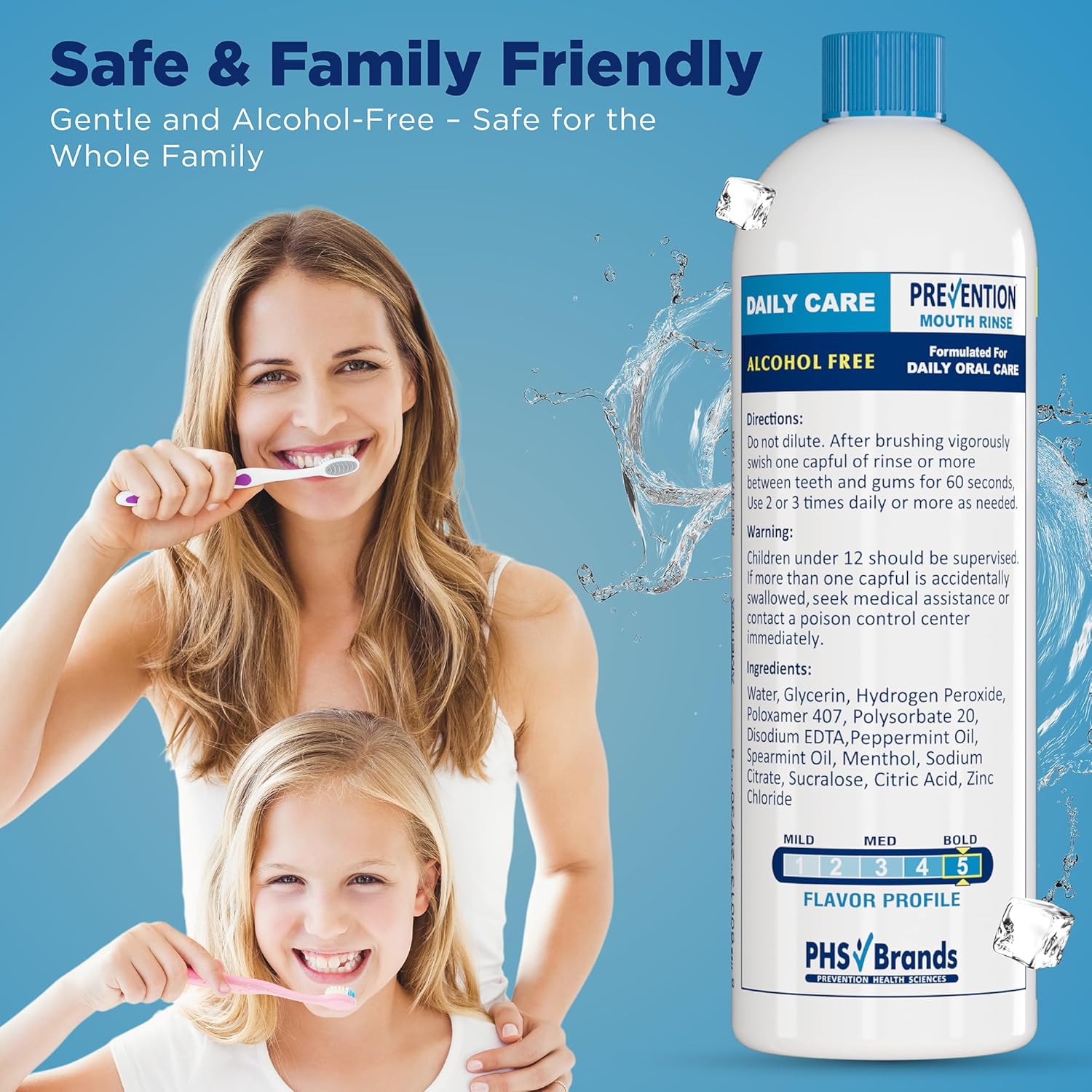 Prevention Daily Care Alcohol-Free Mouthwash, Hydrogen Peroxide Teeth Whitening with Soothing Double Mint for Bad Breath Treatment, Fluoride-Free Gum Care Oral Mouth Rinse 16 oz 2 Pack