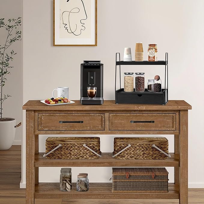 2-Tier Bathroom Organizer Countertop with Drawer, Wood Counter Organizer for Bathroom Decor, Sink Shelf for Vanity Storage, Makeup Tray for Perfume Skincare Bedroom Kitchen Corner