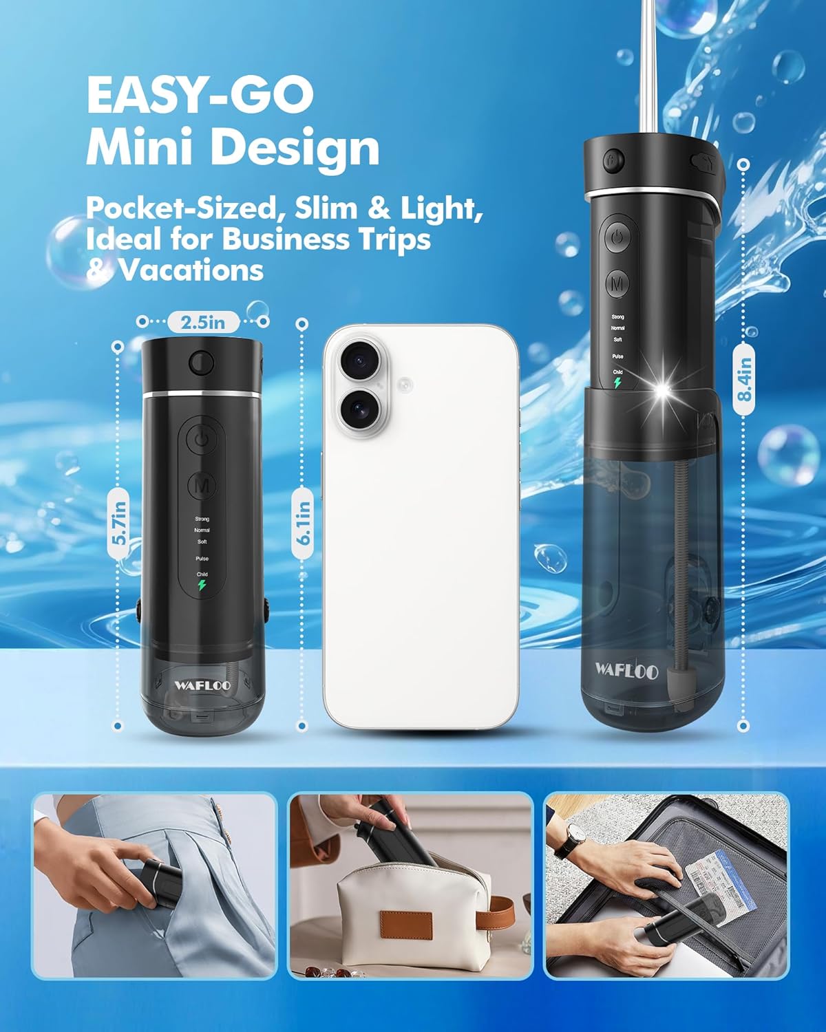 Water Flosser Travel Mini Cordless Portable: 5 Modes Water Dental Floss with Telescopic Water Tank, 4 Tips, IPX7 Waterproof Oral Irrigator for Teeth Cleaning, Orthodontic, Braces Dental Care