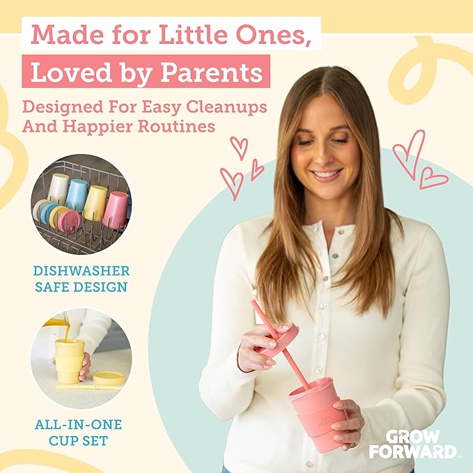 Grow Forward Bamboo Kids Cups with Lids and Straws - 10oz Drinking Cups for Kids with Childproof Twist Lids & Silicone Straws - Eco Friendly, BPA Free, Non Toxic & Dishwasher Safe - Paradise