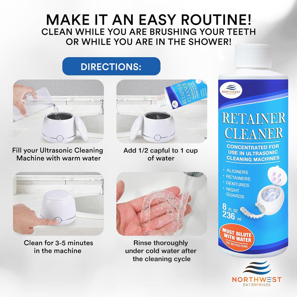 Ultrasonic Retainer Cleaner Solution Concentrate - Ultrasonic Denture Cleaner for Ultrasonic Machines - Cleans Mouthguards, Invisalign, and Nightguards - Odor, Stain and Discoloration Remover (16 oz)