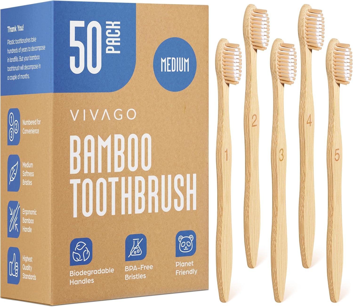 Bamboo Toothbrushes Medium Bristles 50 Pack - BPA Free Medium Bristles Toothbrushes for Adults - Eco-Friendly, Natural Wooden Toothbrush