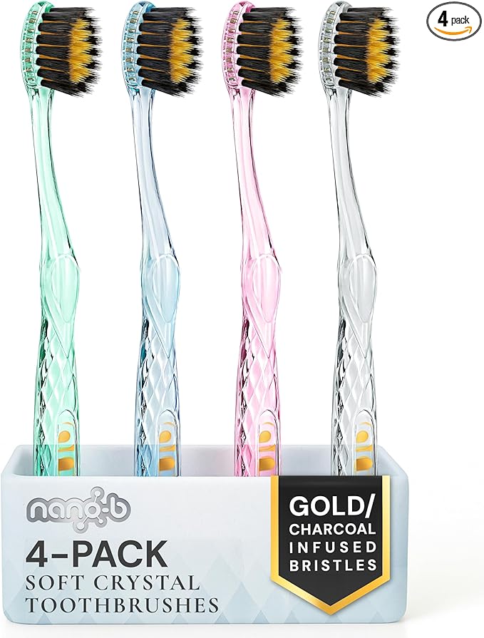 Nano-b Manual Toothbrush Set for Adults with Sensitive Gums, Gold & Charcoal Soft/Medium Bristles, Travel Cases, Blue, Pink, Green, Crystal, 4-Pack