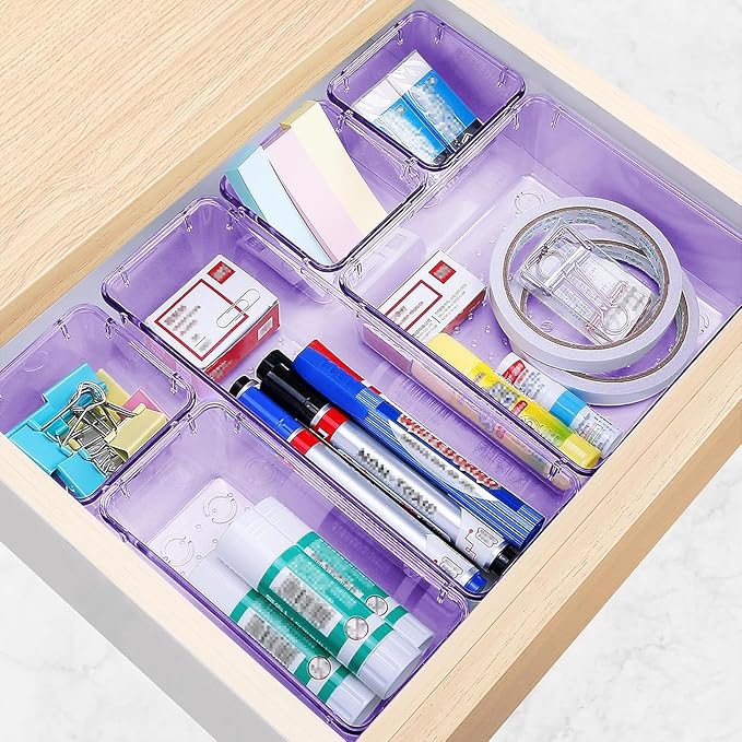 23 PCS Drawer Organizer Set, 5 Varied Size Bathroom and kitchen Drawer cabinet organizer Trays, Clear Storage Bins for Makeup, Jewelry, Utensils and Gadgets, Purple