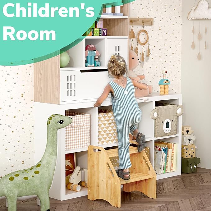 AMBIRD Wooden Step Stool, 15.75'' H Potty Training Toddler 300 lbs Capacity with Safety Non-Slip Pads and Handles, Kitchen Step Stools for Kids, Bamboo Step Stool for Bathroom, High Beds (Natural)